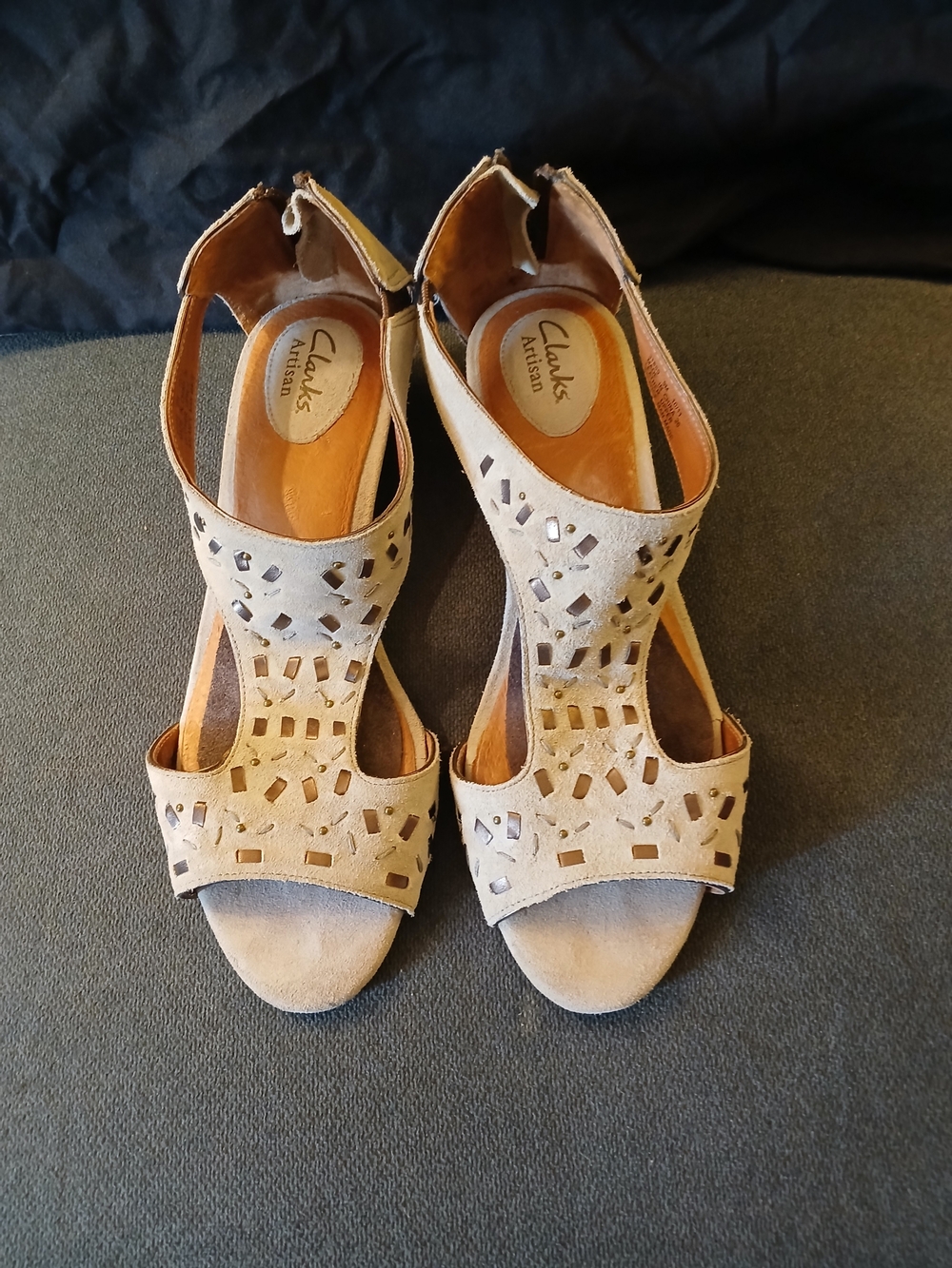 Clarks Beige Suede Cutout Heeled Sandals